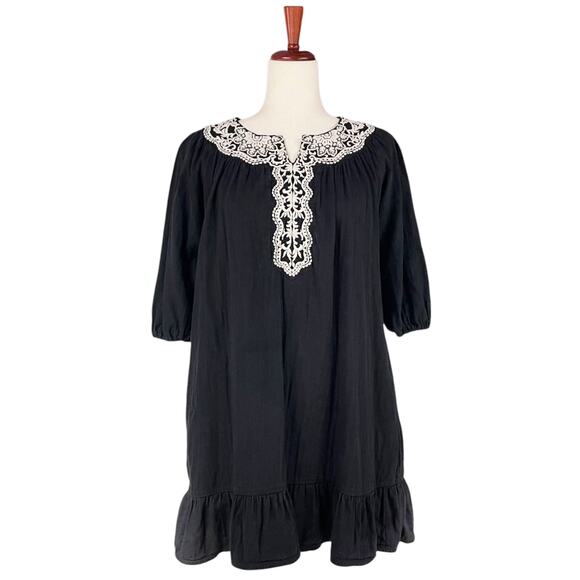 MES DEMOISELLES Birdy Embroidered Trapeze Ruffle Hem Dress Black/White Size US 4 - Picture 1 of 10